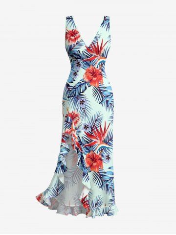Robe hawaïenne à volants, imprimé de feuilles tropicales et fleurs d'hibiscus, fendue et cache-cœur, à volants et imprimé de feuilles tropicales - BLUE - XS