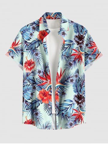 Chemise hawaïenne grande taille pour homme, à imprimé floral tropical et feuilles d'hibiscus, boutons et poche. - BLUE - M
