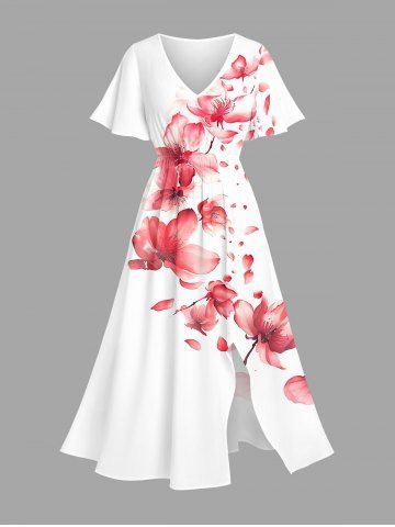 Robe mi-longue hawaïenne fendue à imprimé floral grande taille - WHITE - 4X