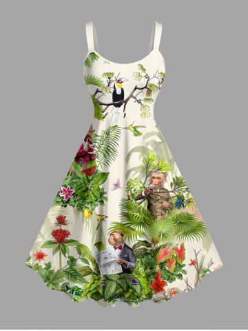 Robe débardeur hawaïenne grande taille à imprimé singes, oiseaux, fleurs tropicales et feuilles - DEEP GREEN - 6X