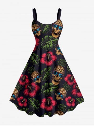 Robe débardeur hawaïenne grande taille à imprimé tête de mort, ananas, hibiscus et feuilles tropicales - BLACK - 5X