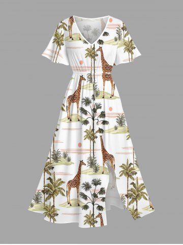 Robe mi-longue fendue hawaïenne à imprimé girafe, cocotier et soleil, grande taille - WHITE - L