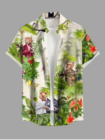Chemise hawaïenne grande taille pour homme, à imprimé fleurs tropicales et feuilles, boutons et poche, avec singes et motifs de singes. - DEEP GREEN - 4XL