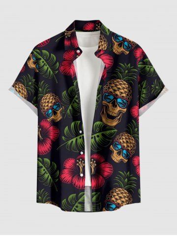Chemise hawaïenne grande taille pour homme, à boutons et poche, avec imprimé tête de mort, ananas et hibiscus, fleurs et feuilles tropicales. Motifs : crâne, ananas et hibiscus. Style : feuilles tropicales. Elle est ornée de boutons et de poches. - BLACK - 6XL
