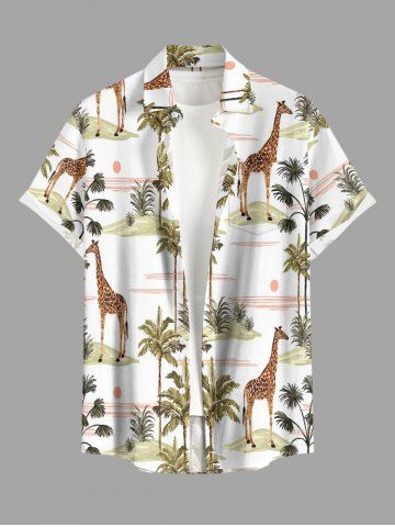 Chemise hawaïenne grande taille pour homme, à imprimé girafe, cocotier et soleil, boutons et poche. - WHITE - 4XL