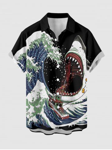 Chemise à poches boutonnées grande taille pour homme, imprimé requins, vagues et voiliers, style hawaïen - BLACK - 3XL