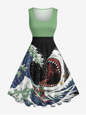 Robe trapèze grande taille à imprimé requins, vagues et voiliers, style hawaïen - BLACK - 6X