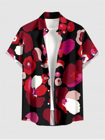Chemise hawaïenne à poches boutons, imprimé pétales de fleurs et cœurs, grandes tailles pour hommes - RED - XL