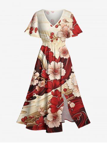 Robe midi trapèze grande taille à imprimé floral et poche fendue, style hawaïen - DEEP RED - 6X