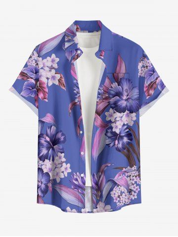 Plus Size Hibiscus Flower Leaf Print Hawaii Button Pocket Shirt For Men - PURPLE - 4XL