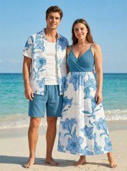Flowers Leaf Print Plus Size Matching Hawaii Beach Outfit For Couples -  
