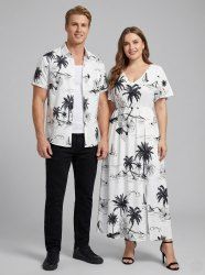Coconut Tree Pineapple Hibiscus Flowers Print Plus Size Matching Hawaii Beach Outfit For Couples -  