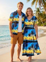 Ensemble de plage hawaïen assorti pour couples, imprimé cocotiers et voiliers, grandes tailles - Bleu profond 