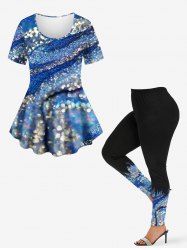 Glitter Sparkling Ombre Sequins Striped Colorblock Print T-shirt and Leggings Plus Size Matching Set -  