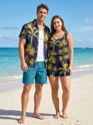 Matching Hawaii Shirt and Romper Beach Outfit Coconut Tree Plant Print For Couples -  