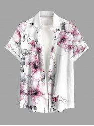 Plus Size Hibiscus Flowers Leaf Print Buttons Pocket Hawaii Shirt For Men -  
