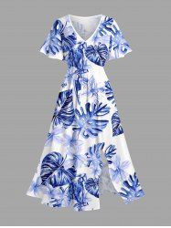 Flowers Tropical Leaf Print Split Hawaii Midi Dress -  