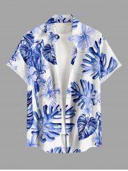 Chemise hawaïenne grande taille pour homme, à imprimé floral tropical et feuilles, boutons et poche. - Bleu Ciel S