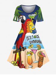 Plus Size Parrot Fruit Juice Coconut Tree Cloud Seascape Print Hawaii Vintage Dress -  