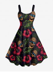 Robe débardeur hawaïenne grande taille à imprimé tête de mort, ananas, hibiscus et feuilles tropicales - Noir 1X