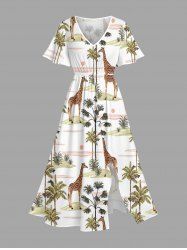 Robe mi-longue fendue hawaïenne à imprimé girafe, cocotier et soleil, grande taille - Blanc XXS