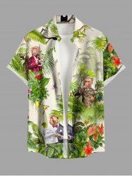 Plus Size Monkeys Tropical Flowers Leaf Print Buttons Pocket Hawaii Shirt For Men -  