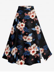 Hibiscus Flower Leaf Tropical Print Split Hawaii Skirt -  