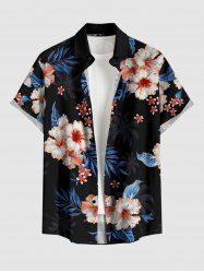 Chemise hawaïenne grande taille pour homme, à imprimé tropical de fleurs d'hibiscus et de feuilles, avec boutons et poche. - Noir 2XL