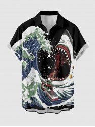 Chemise à poches boutonnées grande taille pour homme, imprimé requins, vagues et voiliers, style hawaïen - Noir M