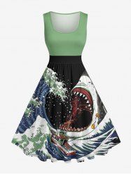Plus Size Shark Sea Waves Sailboat Print Hawaii Swing A Line Dress -  