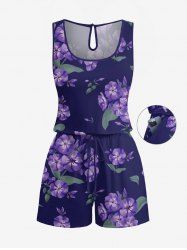 Plus Size Morning Glory Flower Leaf Print Hawaii Drawstring Pocket Romper -  