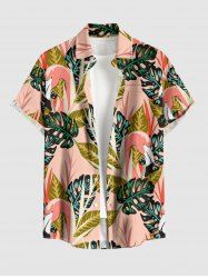 Tropical Leaf Flamingo Print Hawaii Button Pocket Shirt For Men - Rose  2XL