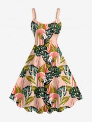 Tropical Leaf Flamingo Print Hawaii A Line Dress - Rose  L