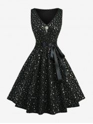 Robe trapèze grande taille à paillettes scintillantes avec ceinture amovible - Noir 1X | US 14-16