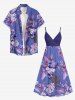 Plus Size Hibiscus Flower Leaf Print Hawaii Surplice A Line Cami Dress -  