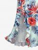 Robe hawaïenne à volants, imprimé de feuilles tropicales et fleurs d'hibiscus, fendue et cache-cœur, à volants et imprimé de feuilles tropicales - Bleu XXL
