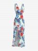 Robe hawaïenne à volants, imprimé de feuilles tropicales et fleurs d'hibiscus, fendue et cache-cœur, à volants et imprimé de feuilles tropicales - Bleu XXL