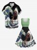 Plus Size Shark Sea Waves Sailboat Print Hawaii Swing A Line Dress -  