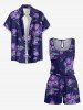Plus Size Morning Glory Flower Leaf Print Hawaii Drawstring Pocket Romper -  