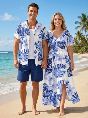 Ensemble de plage hawaïen assorti pour couples, imprimé fleurs et feuilles tropicales, grandes tailles