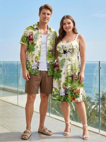 Monkeys Bird Tropical Flowers Leaf Print Matching Hawaii Beach Outfit For Couples