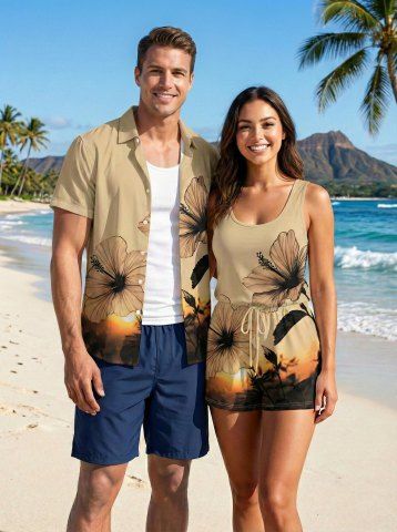 Matching Hawaii Shirt and Romper Plus Size Beach Outfit Hibiscus Flower Ombre Sunset Print For Couples