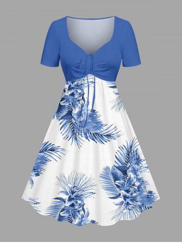 Robe hawaïenne grande taille à imprimé tropical floral et feuilles, cintrée - LIGHT BLUE - 4X