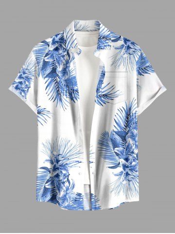 Chemise hawaïenne grande taille pour homme, à imprimé tropical floral et feuilles, boutons et poche. - LIGHT BLUE - M