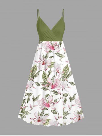 Robe à bretelles croisées à imprimé floral et feuilles grande taille, style hawaïen - LIGHT GREEN - 5X