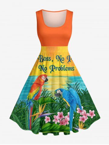 Robe vintage grande taille à imprimé perroquets, fleurs, feuilles, coucher de soleil et paysage marin, style hawaïen des années 1950 - ORANGE - 2X