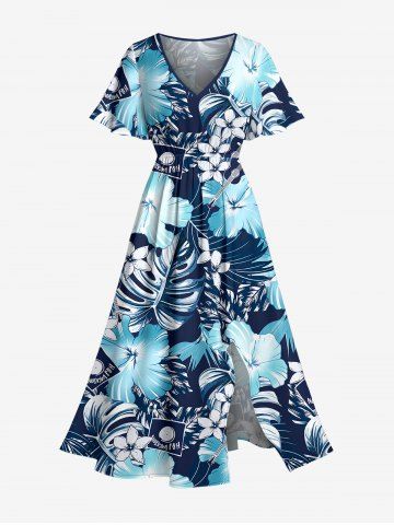 Robe midi hawaïenne fendue à imprimé feuilles tropicales et fleurs d'hibiscus (grande taille) - DEEP BLUE - XXS