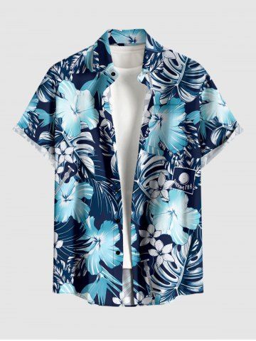 Chemise hawaïenne grande taille pour homme, à imprimé feuilles tropicales et fleurs d'hibiscus, boutons et poche. - BLUE - XL