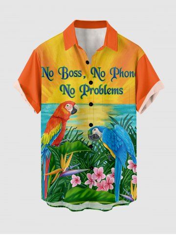 Chemise hawaïenne grande taille pour homme, à imprimé perroquets, fleurs, feuilles, coucher de soleil et paysage marin, avec boutons et poche. - ORANGE - M