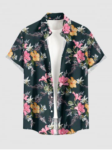 Chemise hawaïenne à poches boutons, imprimé fleurs d'hibiscus, feuilles et branches, grande taille pour homme - BLACK - S